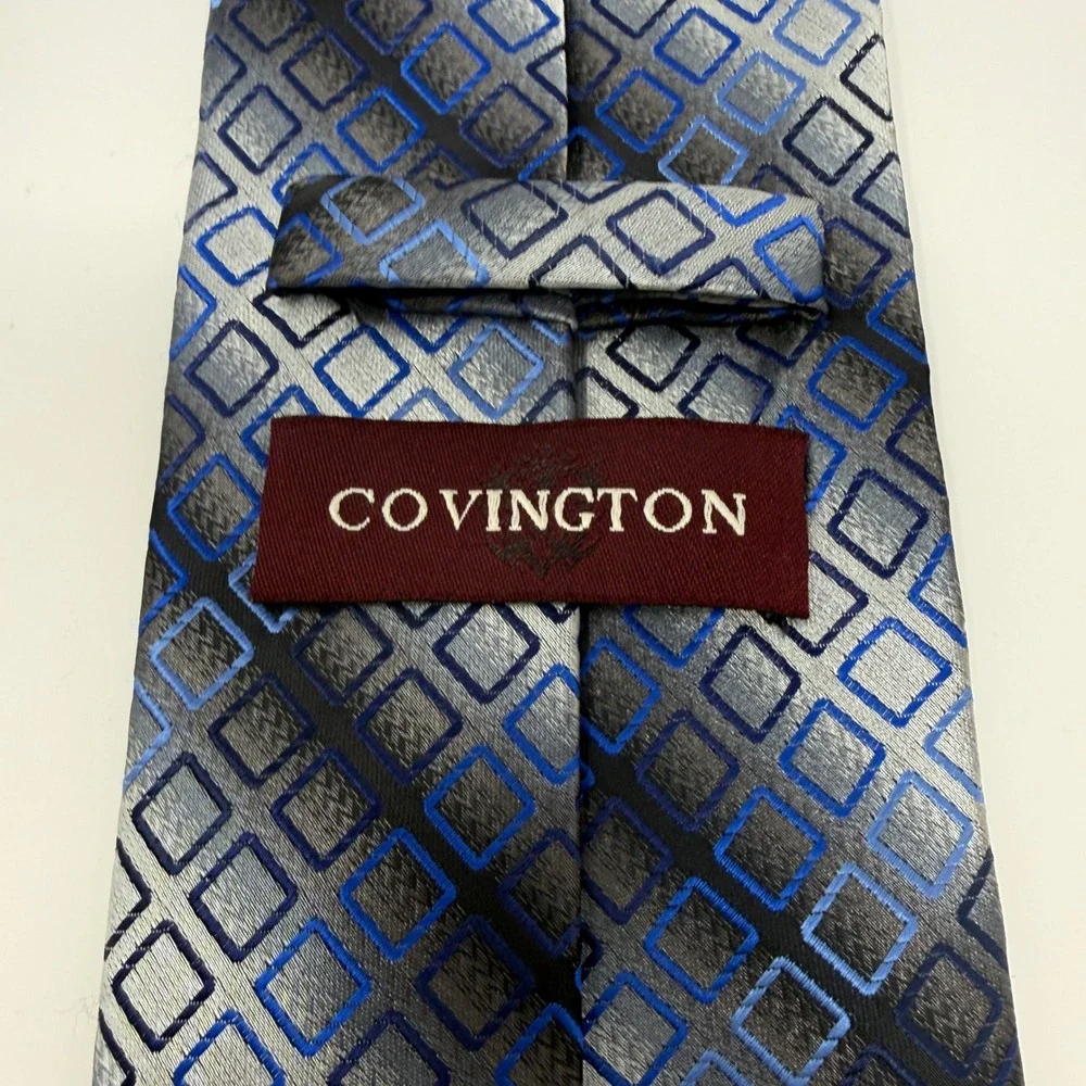 Covington Mens Blue Grey Geometric Square Pattern Polyester Silk Look Necktie